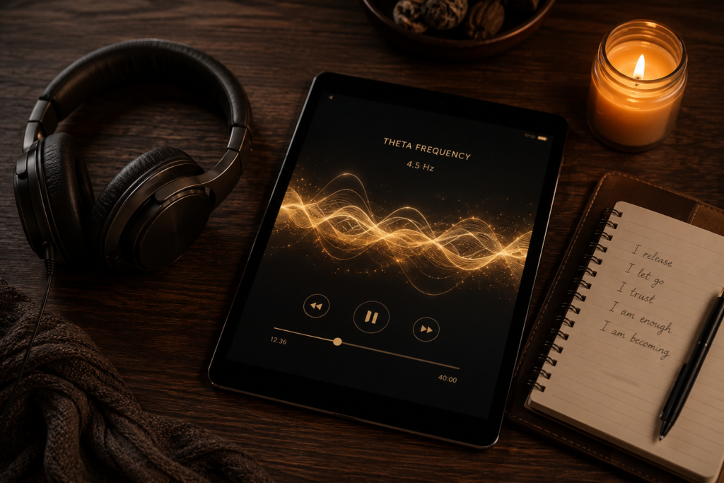 Headphones and journal on wooden table with candlelight