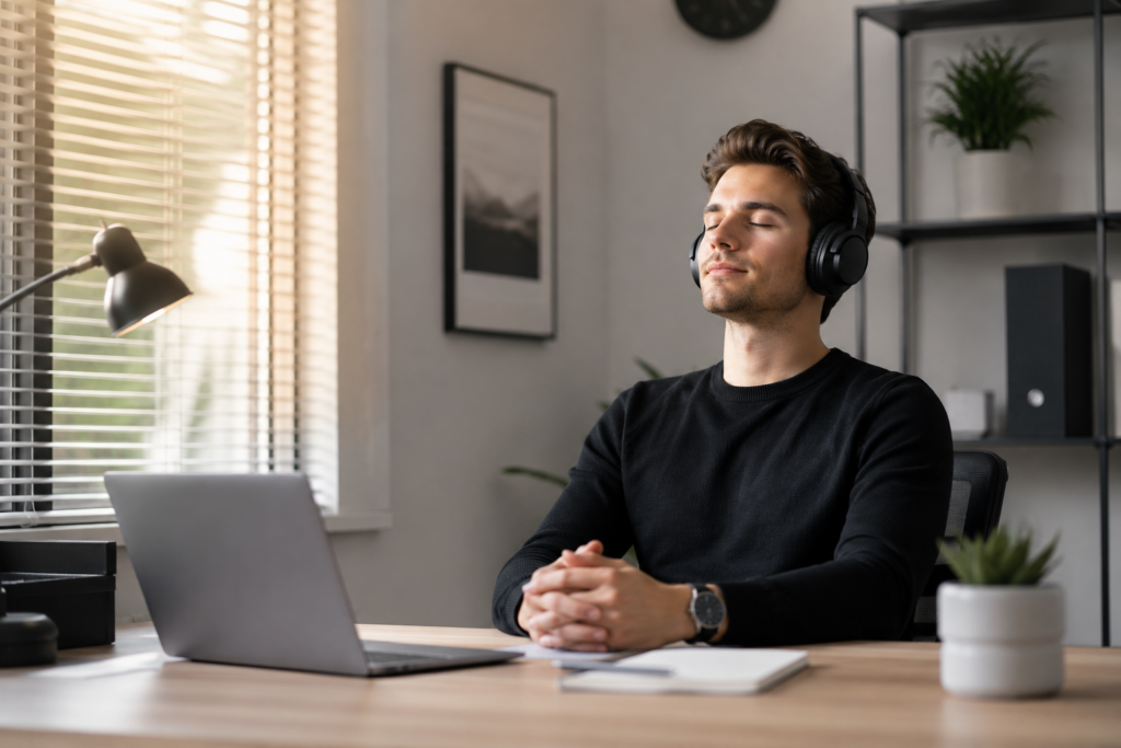 The Genius Song Review 2026 – person wearing headphones at desk with peaceful focused expression in morning light