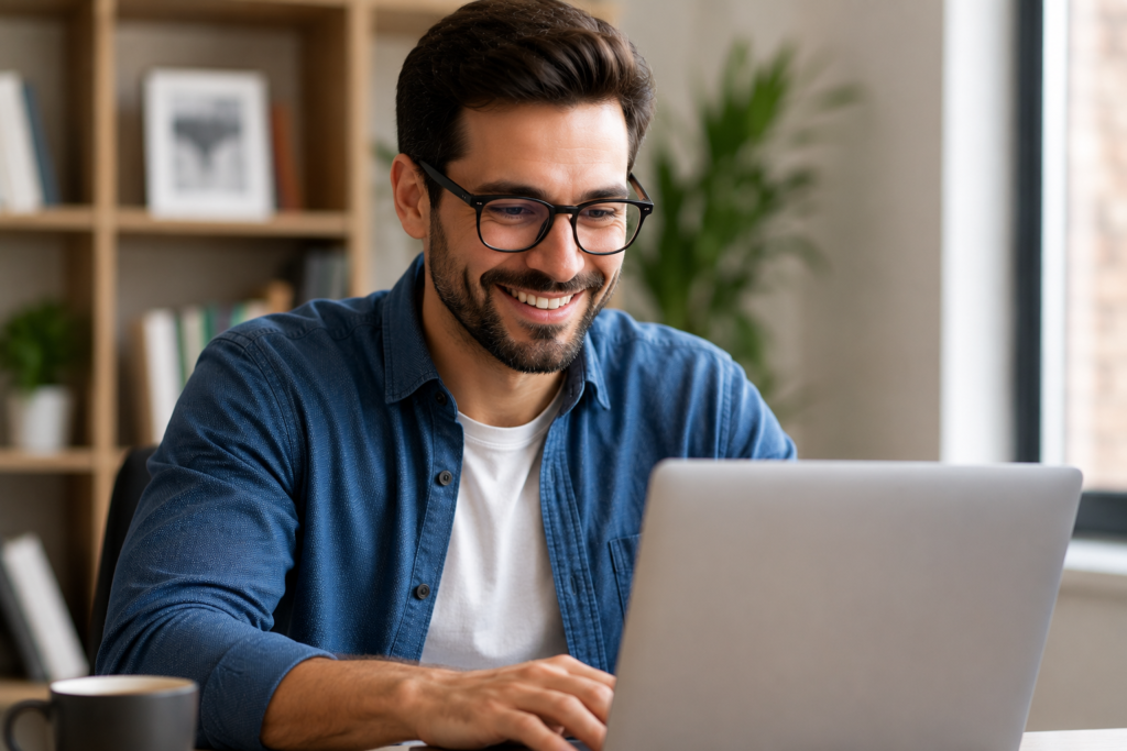 The Genius Song Review final verdict – person smiling confidently at laptop in bright modern home office