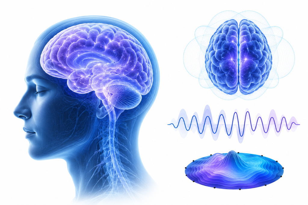 The Genius Song theta brainwave frequency patterns diagram – blue purple brain illustration showing entrainment science
