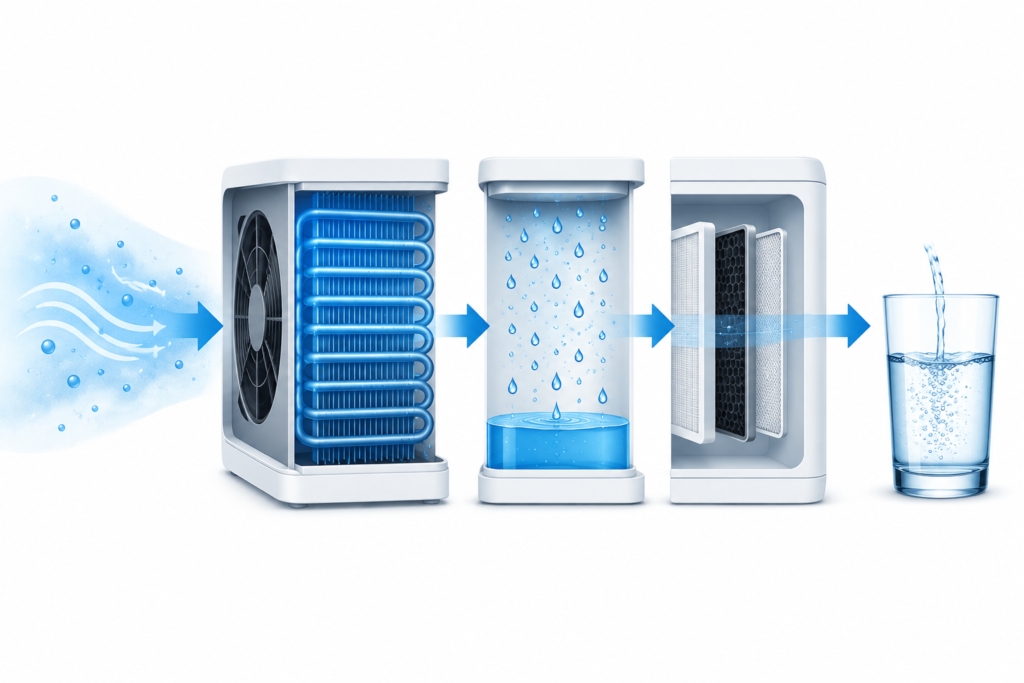 SmartWaterBox how it works – humid air converted to clean drinking water through AWG process