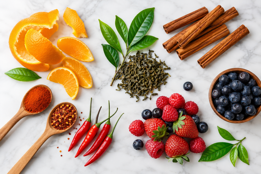 CitrusBurn ingredients flat lay showing Seville orange peel berberine green tea cayenne cinnamon natural metabolism boosters