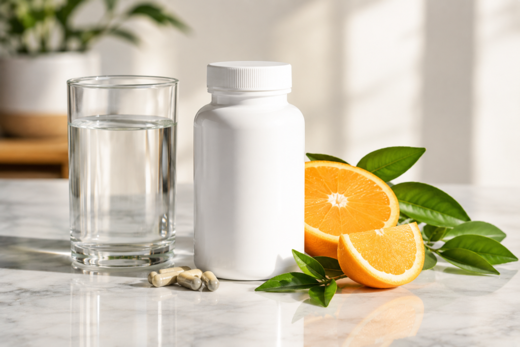 CitrusBurn review 2026 final verdict – supplement bottle on marble counter with orange slices and water glass
