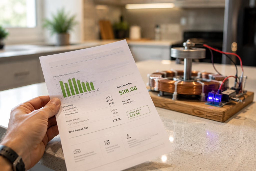Energy Revolution System results 2026 – reduced electricity bill on kitchen counter showing real monthly savings from DIY generator