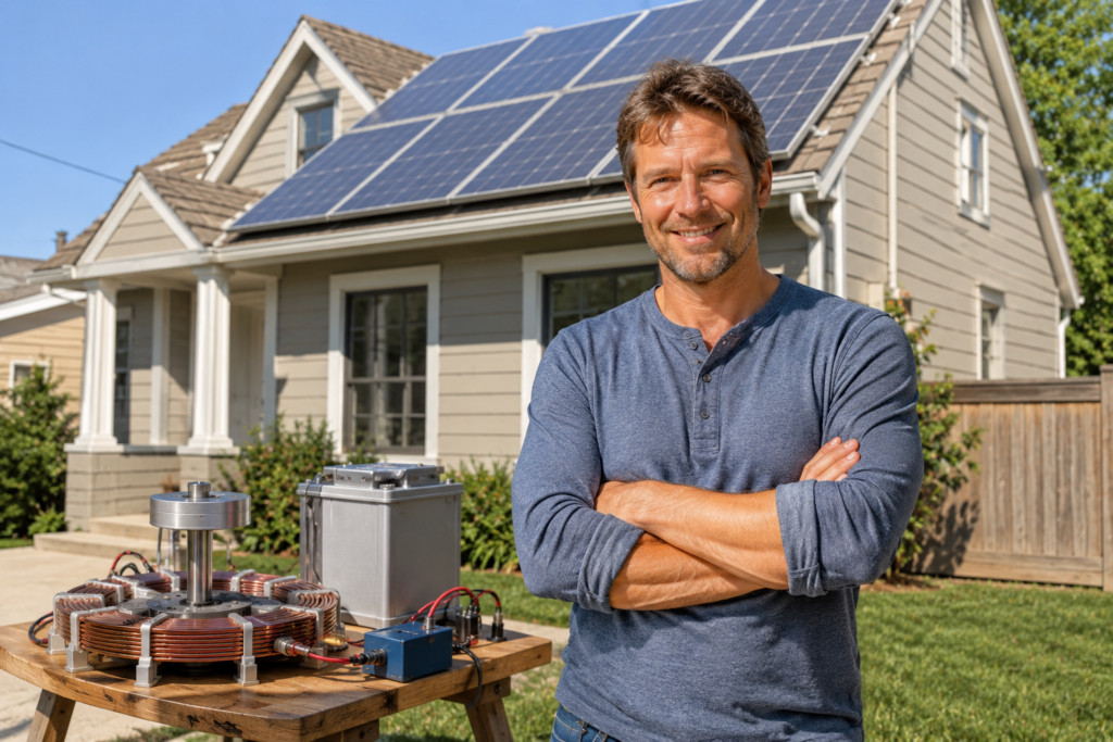 Energy Revolution System review 2026 final verdict – confident homeowner with DIY generator setup showing energy independence results