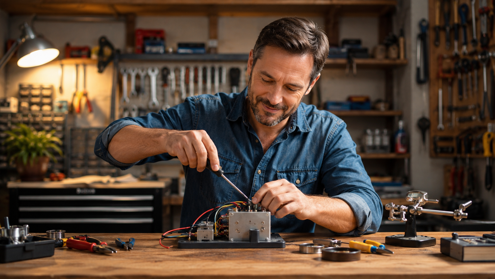 Energy Revolution System Review 2026 – man building Tesla inspired DIY generator on workbench in home workshop