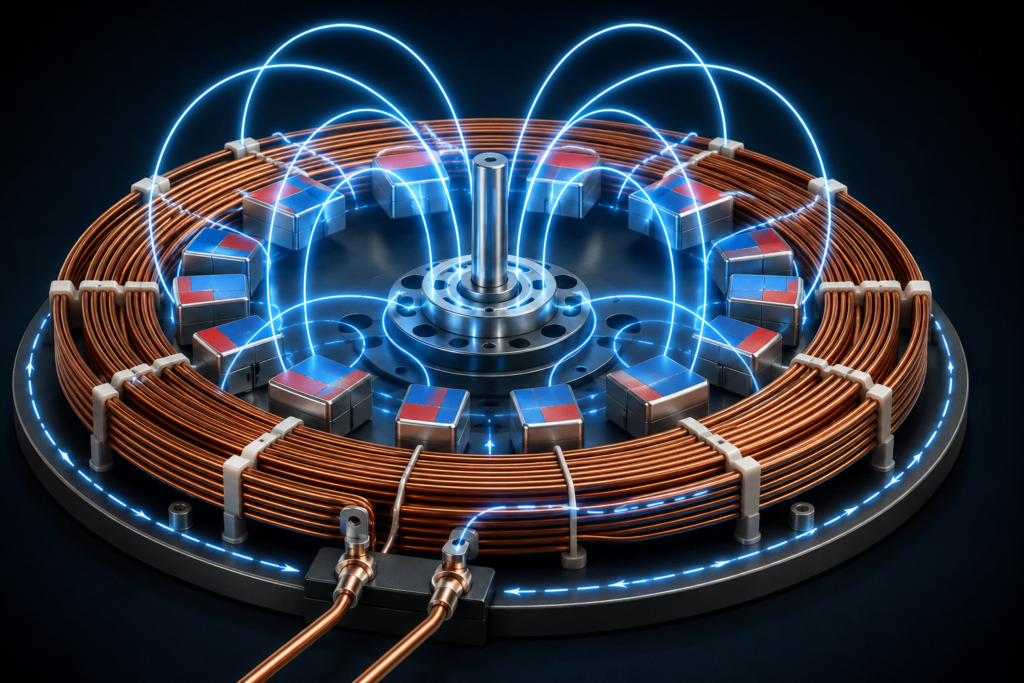 Energy Revolution System Tesla bifilar pancake coil diagram showing electromagnetic generator copper coils and permanent magnets
