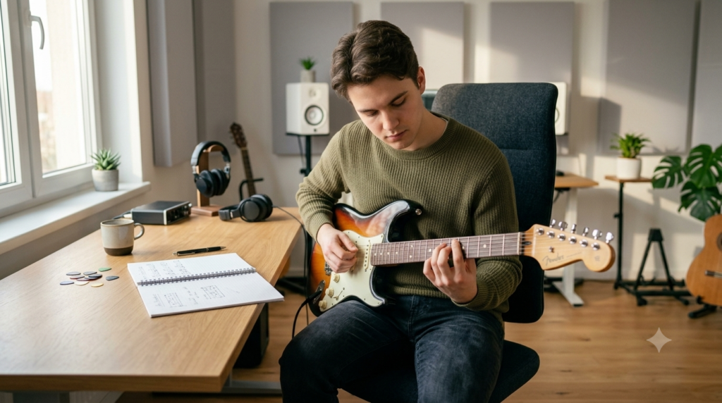 Beginner Guitar Player Practicing the Minor Pentatonic Scale