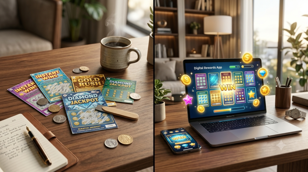 Traditional scratch cards compared with the Scratch Of Fortune digital platform.