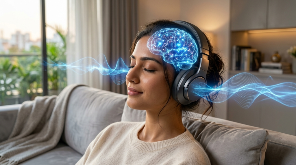 Woman listening to The Genius Wave audio with glowing brainwave visualization.