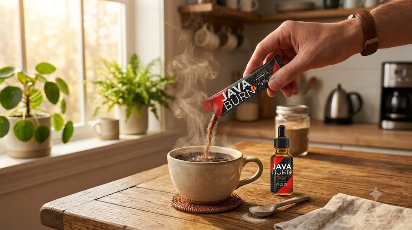 Java Burn Review 2026 – supplement packet being added to morning coffee cup showing metabolism boosting ritual