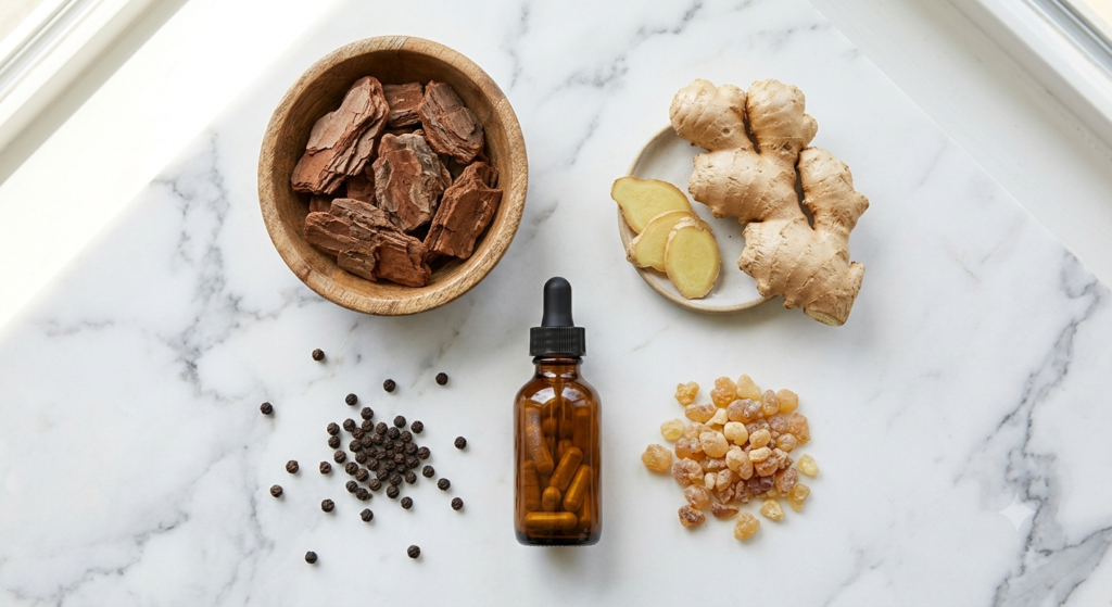 Pine bark boswellia serrata ginger root 
black pepper natural ingredients flat lay 
on white marble
