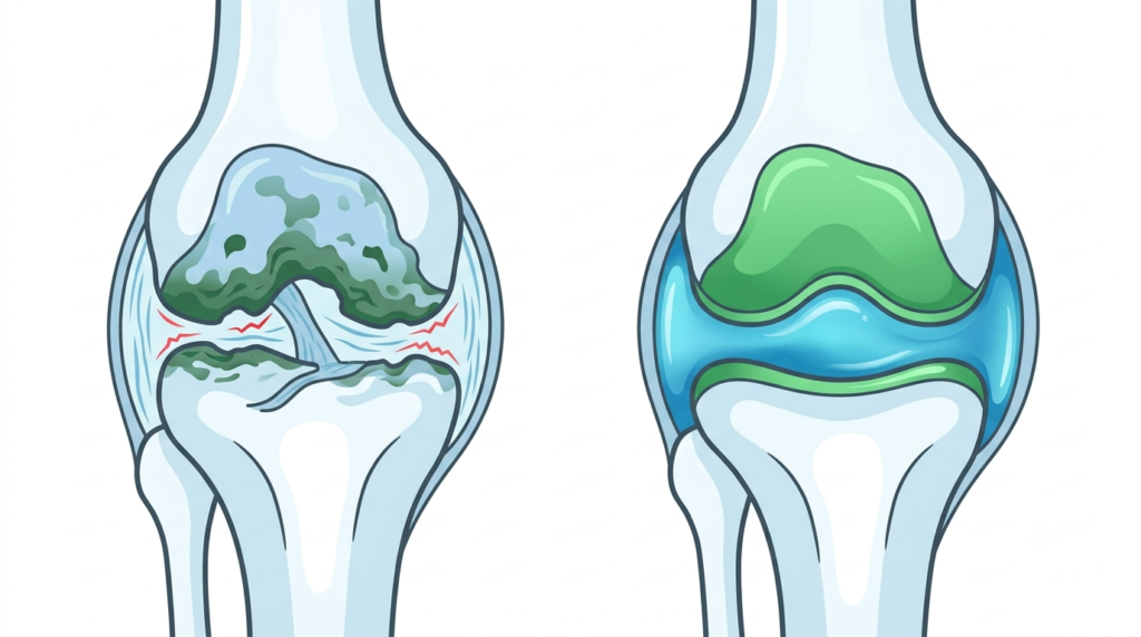 Joint Genesis Mobilee synovial fluid restoration science showing comparison between thin degraded joint fluid and thick healthy cushioning gel