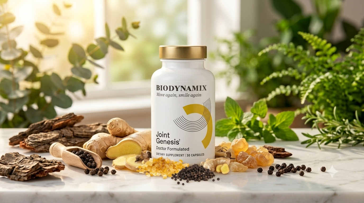 Joint Genesis Review 2026 – BioDynamix white supplement bottle with natural ingredients ginger boswellia pine bark