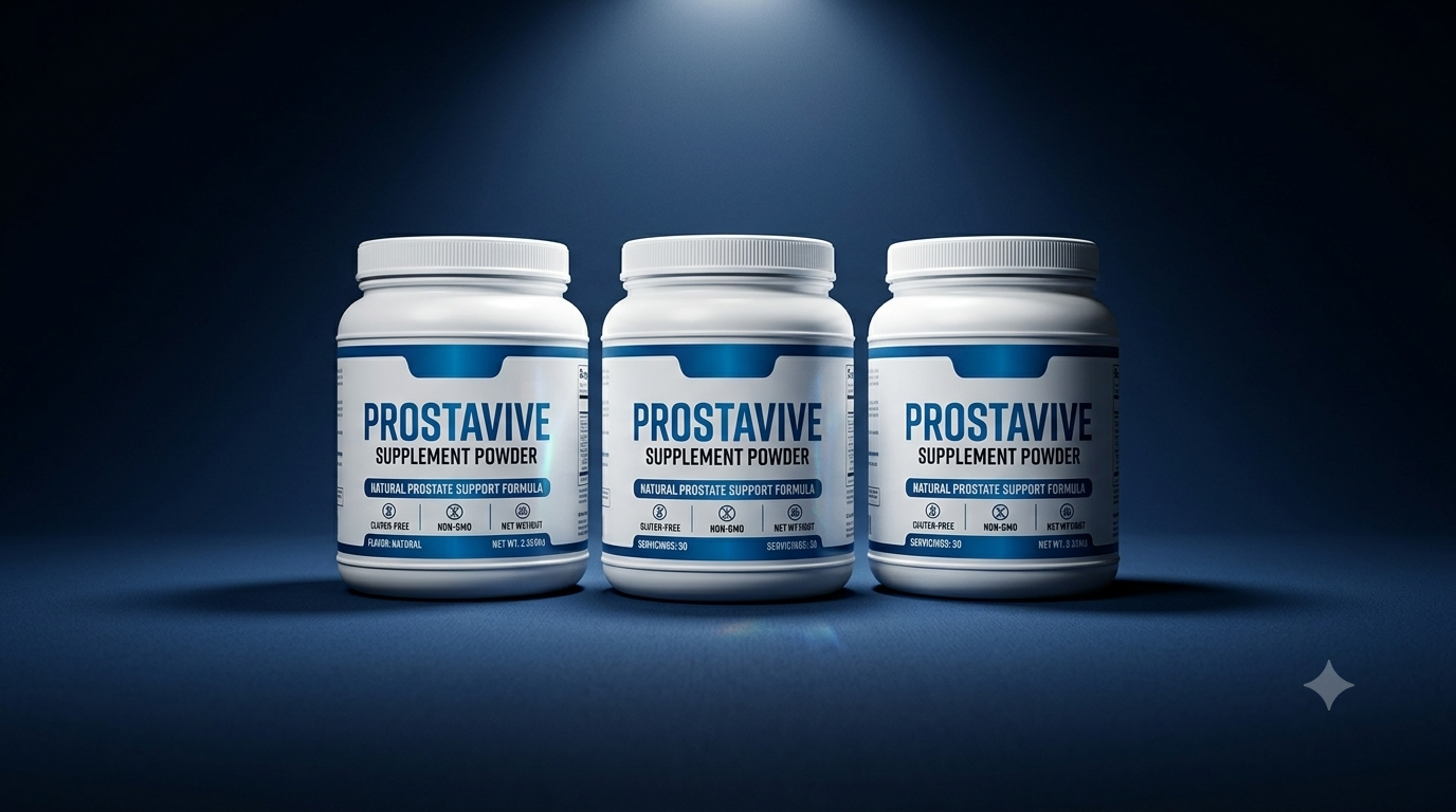 ProstaVive Review 2026 – three white powder supplement containers on dark blue background showing prostate health formula