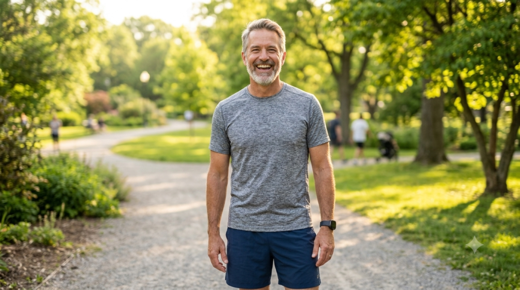 ProstaVive prostate supplement results – confident healthy man over 50 outdoors showing improved energy vitality and active lifestyle
