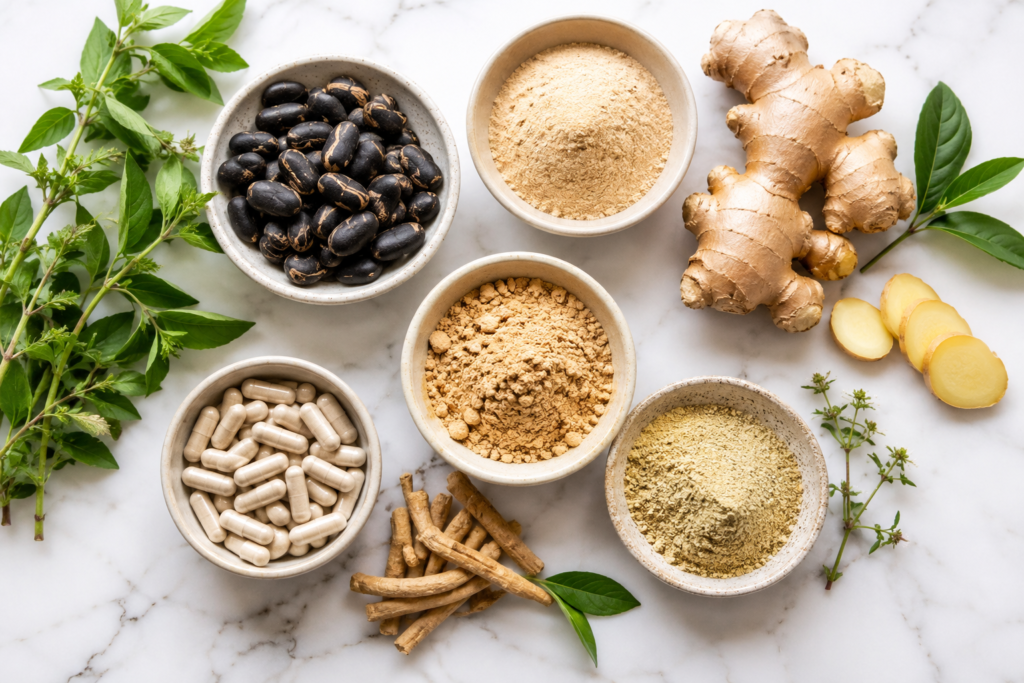 Quietum Plus ingredients flat lay showing mucuna pruriens maca root ashwagandha zinc natural auditory nerve support formula