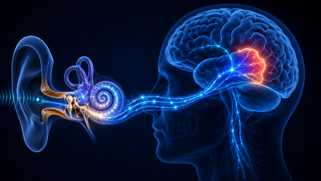 Quietum Plus brain ear connection diagram showing auditory nerve pathway from cochlea to brain cortex supporting tinnitus relief