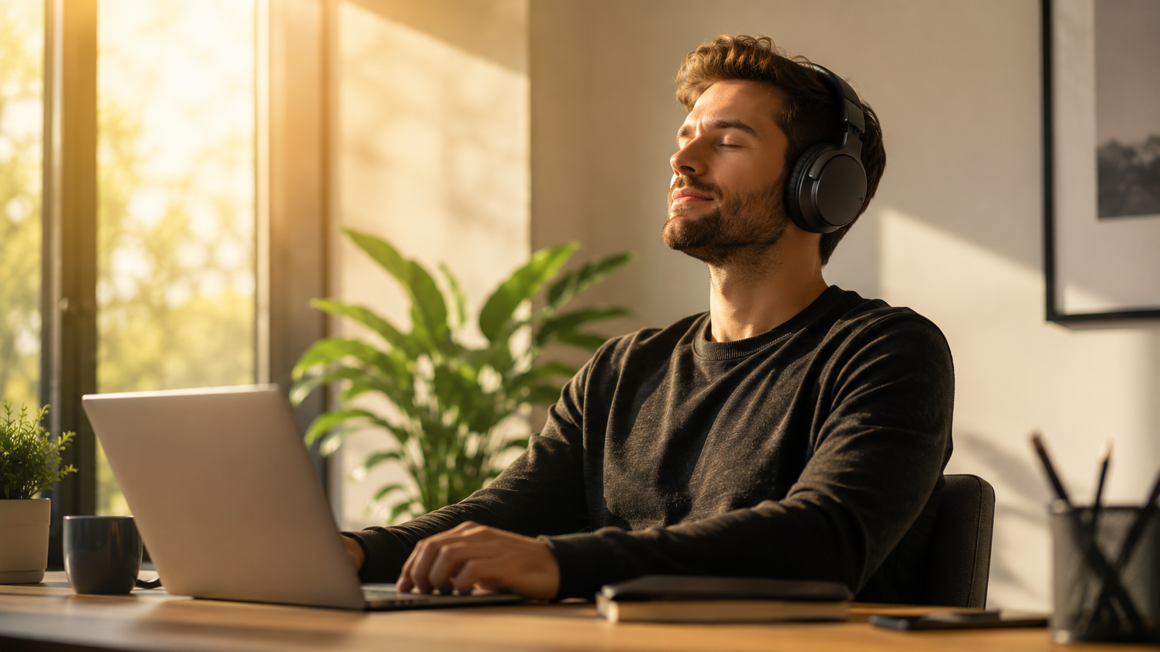 The Brain Song Review 2026 – person wearing premium headphones at modern desk with peaceful focused expression in golden morning light