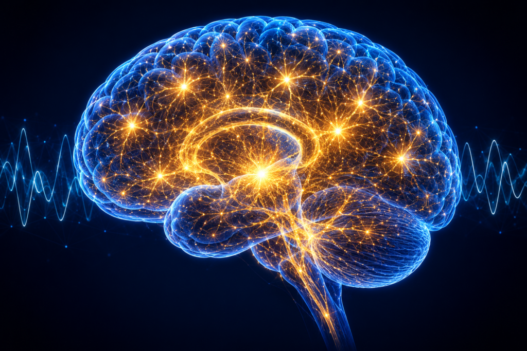 The Brain Song gamma wave science – 40Hz neural frequency patterns activating BDNF memory centers in human brain illustration