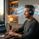American man listening to The Genius Wave audio program while relaxing in a modern workspace.