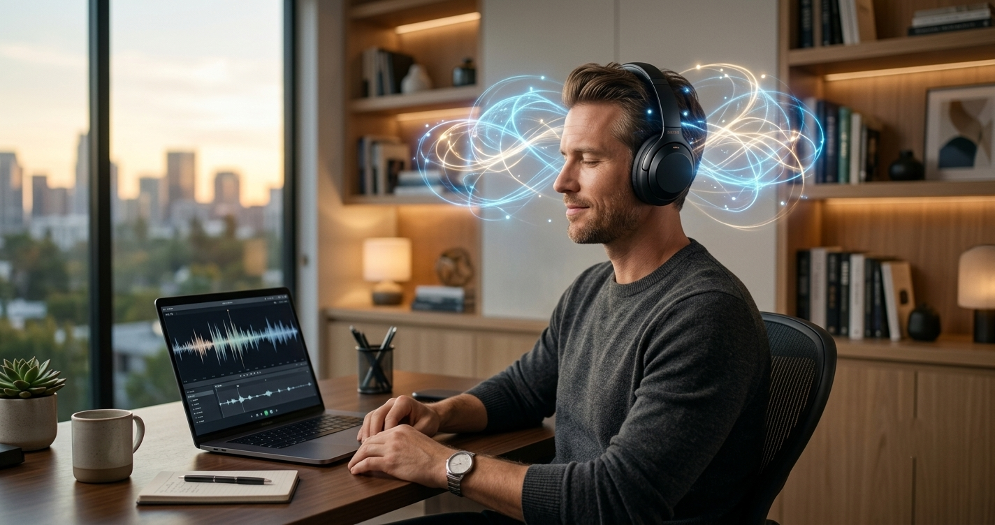 American man listening to The Genius Wave audio program while relaxing in a modern workspace.
