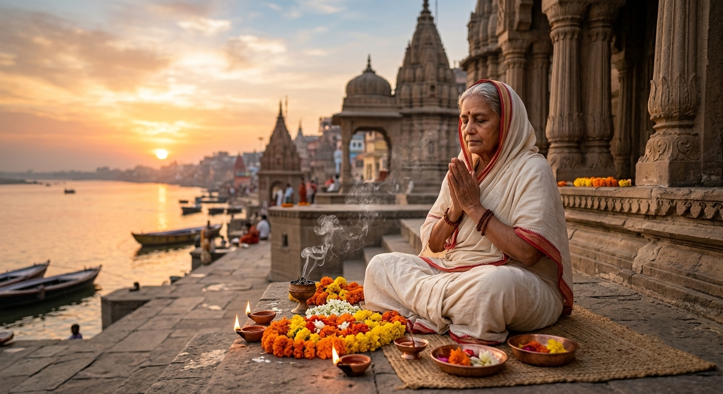 The power of prayer in Hinduism during morning worship at a Hindu temple
