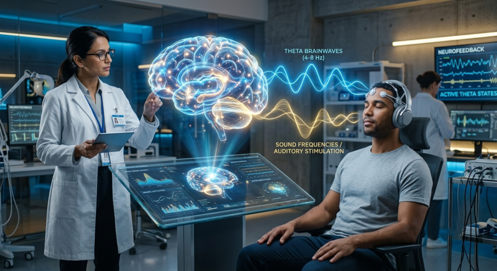 Theta brainwaves and The Genius Wave audio technology supporting focus and mental clarity.