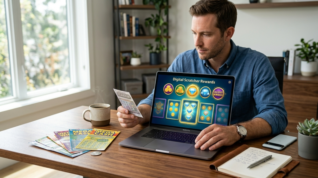 Comparison between traditional scratch cards and a digital scratch card platform displayed on a laptop.