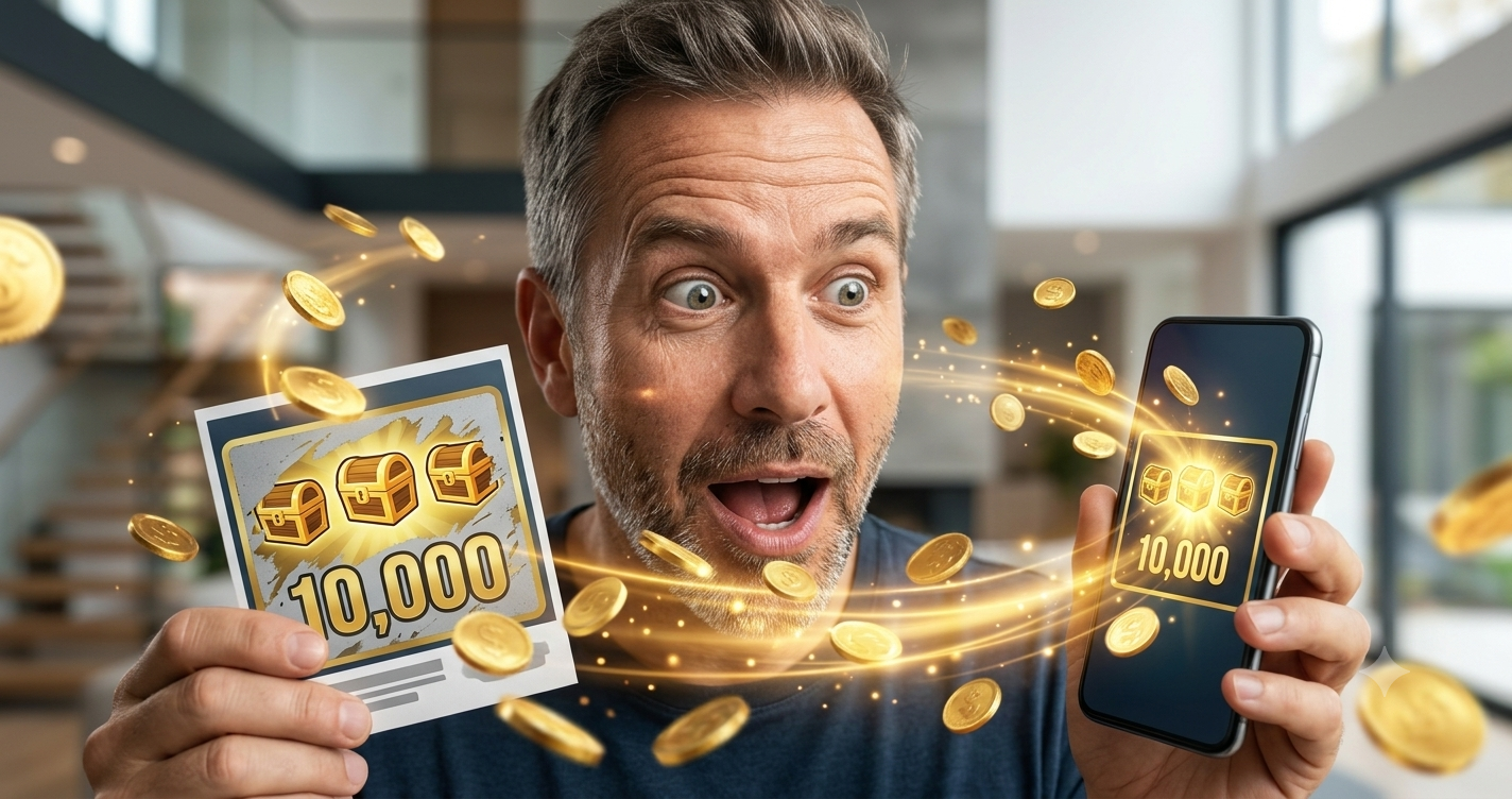 A person checking a digital scratch card while wondering if scratch cards can really make money in 2026.