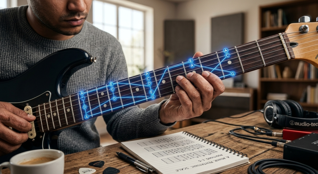 Close-up of a guitarist practicing connected pentatonic scale positions on an electric guitar fretboard