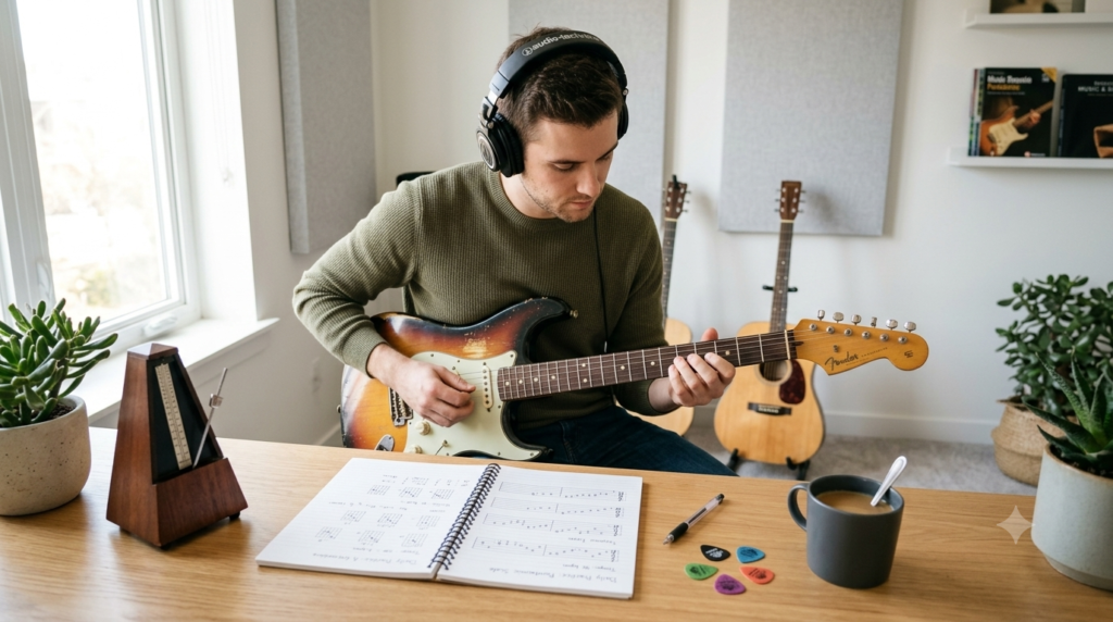 Beginner guitarist following a daily 20-minute practice routine to improve pentatonic scale and guitar solo skills