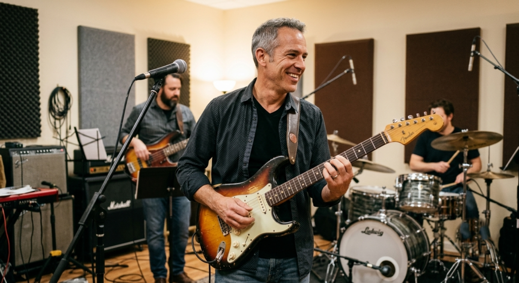 Confident guitarist in his 40s soloing freely during band rehearsal showing pentatonic scale mastery and musical confidence