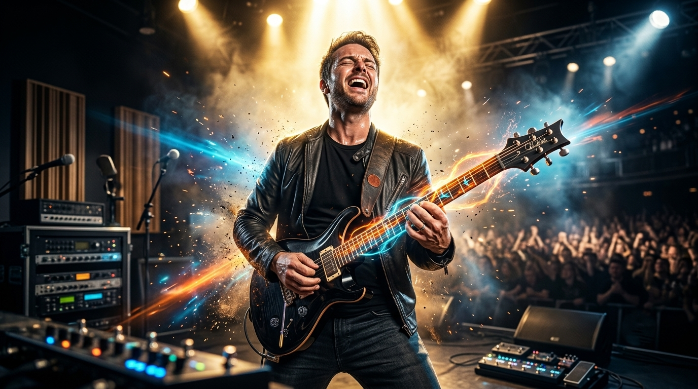 Guitarist connecting all five pentatonic positions across the guitar fretboard during a lead guitar practice session