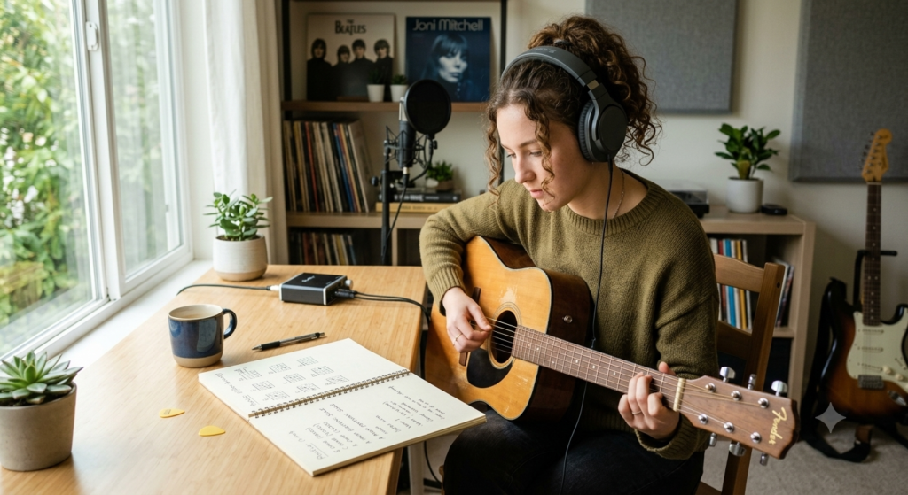 Beginner guitarist practicing scales with headphones in a modern home studio