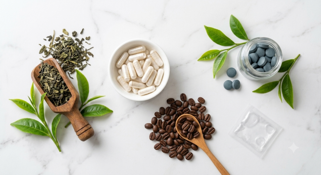 Java Burn ingredients flat lay showing green tea extract l-theanine l-carnitine chromium chlorogenic acid natural coffee metabolism formula