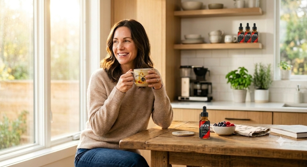 Java Burn results showing happy slim woman in her 40s enjoying morning coffee with improved energy metabolism and weight management