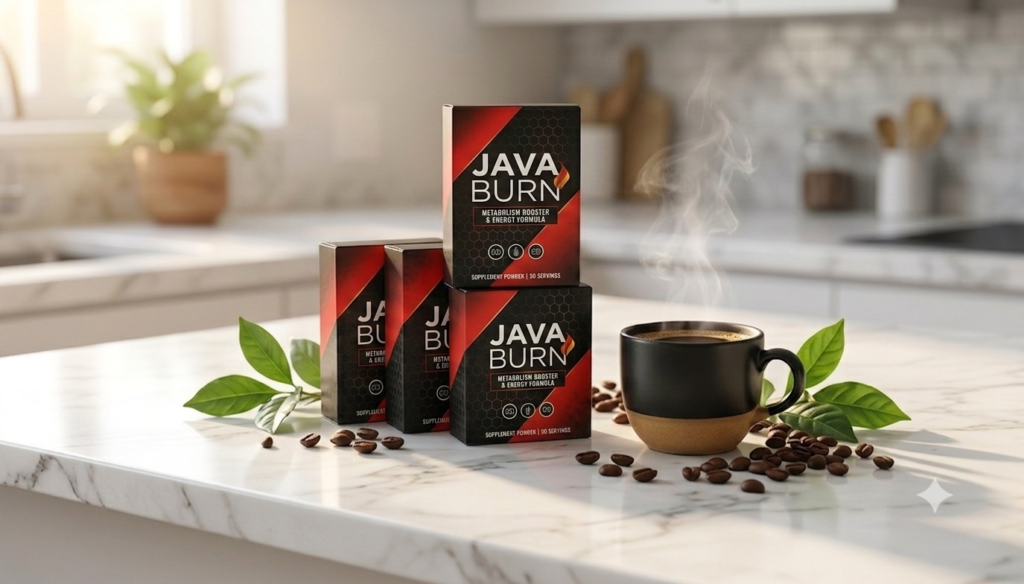 Java Burn Review 2026 final verdict showing supplement packages on marble counter next to morning coffee cup