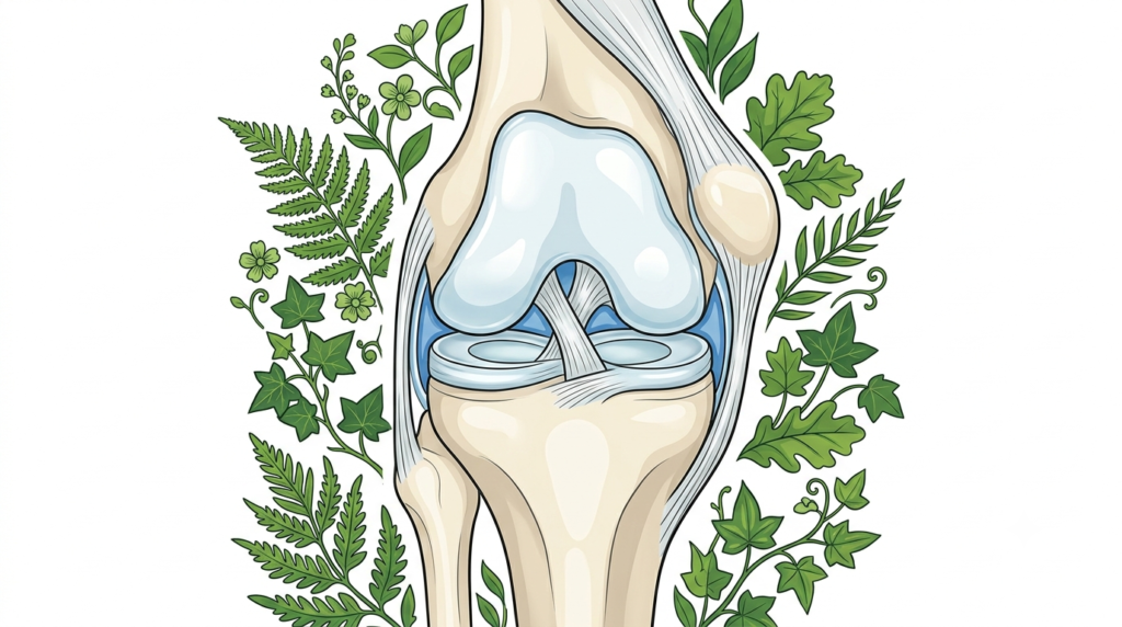 Medical illustration of healthy knee joint 
cartilage synovial fluid and botanical 
support pathways