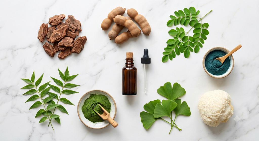 JointVive ingredients flat lay showing pine bark tamarind moringa spirulina lion's mane ginkgo biloba chlorella neem natural joint formula