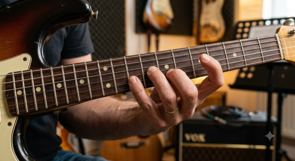 Electric guitar fretboard showing the minor pentatonic scale pattern for beginner guitar players