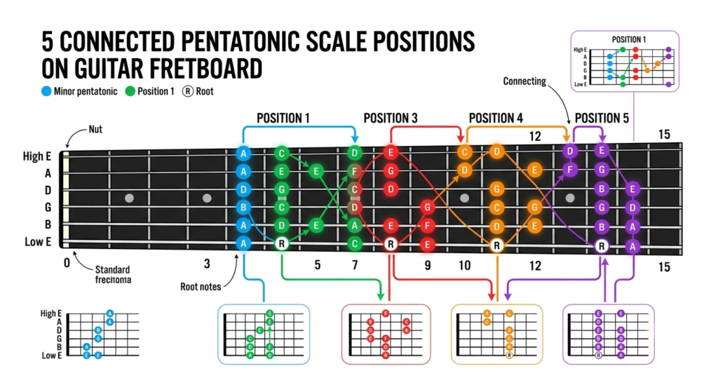 Minor pentatonic scale guitar fretboard diagram showing 5 connected positions with 4 doorways highlighted in different colors