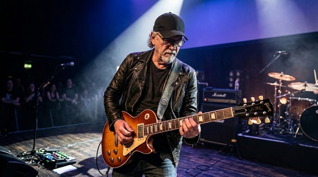 Guitarist playing electric guitar confidently across entire fretboard showing minor pentatonic scale freedom and solo skills