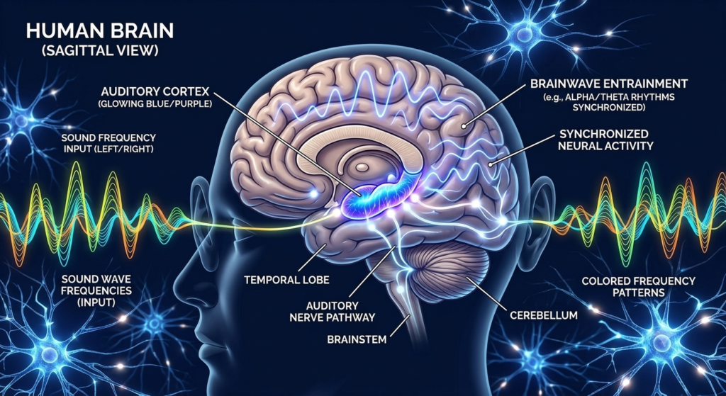 Neurotinn binaural beats science showing brainwave entrainment effect on auditory cortex with sound frequency wave patterns