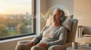 Neurotinn Review 2026 – person wearing headphones in calm room experiencing tinnitus relief through binaural beats audio therapy