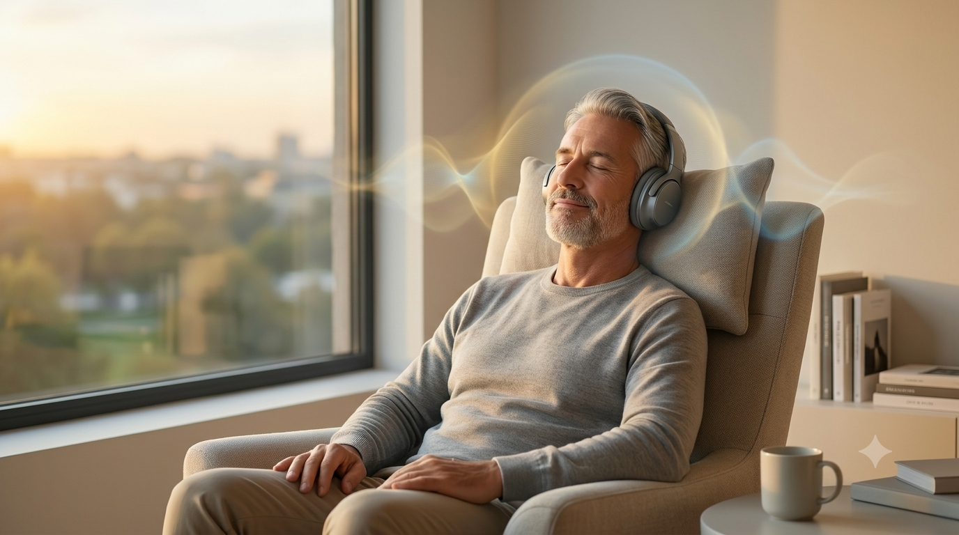 Neurotinn Review 2026 – person wearing headphones in calm room experiencing tinnitus relief through binaural beats audio therapy