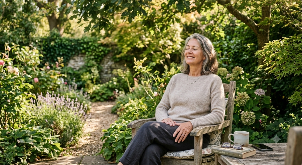Neurotinn tinnitus relief results showing relaxed person enjoying peaceful quiet moment in garden after consistent audio therapy use