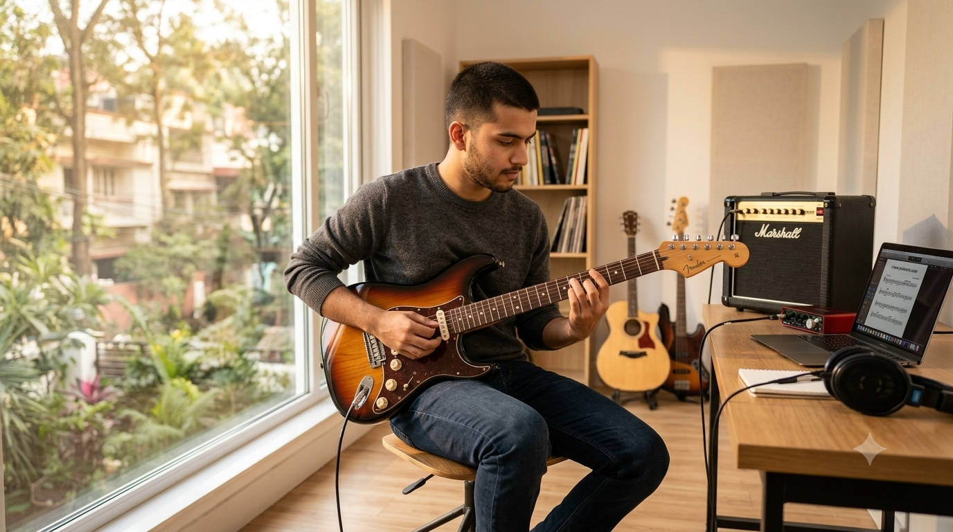 Beginner guitarist practicing the pentatonic scale in a modern home studio