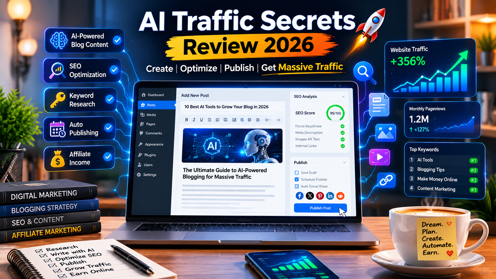 AI Traffic Secrets Review 2026 featuring AI-powered blog content, SEO optimization, keyword research, automated publishing, and website traffic growth