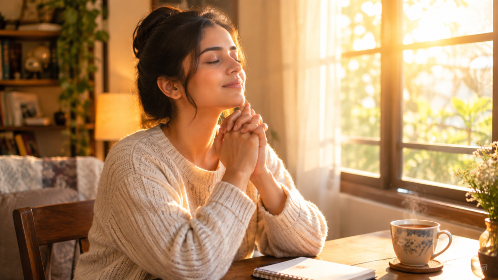 Person praying calmly at home - Infinite Wealth Prayer legit review